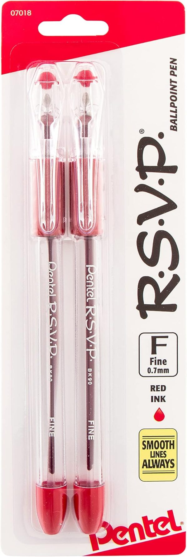 Pentel RSVP Fine Line Ballpoint Pen (0.7mm) in Red Ink, Model BK90BP2B — Pack of 2 (1 Pen per Pack)