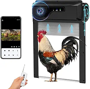 1080P HD Solar-Powered Automatic Chicken Coop Door Features a built-in 5000mAh rechargeable battery, WiFi connectivity, and APP remote control for easy management anytime, anywhere. Equipped with a timer function, anti-trap infrared sensor, and alarm driver system to ensure the safety of your flock. The high-definition 1080P camera allows real-time monitoring, while the solar-powered design ensures energy efficiency. Easy to install and user-friendly—perfect for hassle-free coop management.