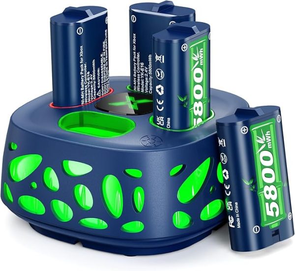 Ponkor 4x 5800mWh Rechargeable Battery Pack for Xbox – Fast Charging Station Compatible with Xbox Series X, Series S, One, One S, One X, and Elite Controllers