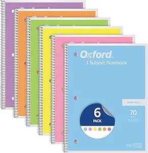 Oxford Spiral Notebooks, Bulk Pack of 6 Wide-Ruled 1-Subject Notebooks for School, Pastel Colors (Blue, Green, Pink, Purple, Yellow), Each with 70 Wide-Ruled Sheets, 8 x 10.5 Inches (Model 63757)
