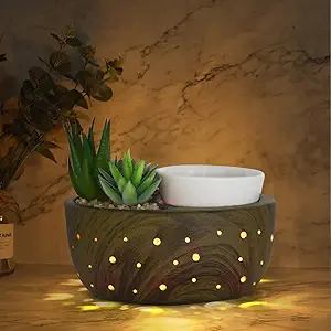 4-in-1 Ceramic Wax Melt Warmer – Electric Succulent Bowl with PTC Heating Plate & LED Light, Perfect for Wax Melting, Mug Warming, Essential Oil Diffusion, Home & Office Spa Décor