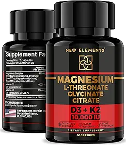 Magnesium Complex (L-Threonate, Glycinate, Citrate) with Vitamin D3 10,000 IU & K2 MK-7 – Supports Brain, Bone & Immune Health – 60 Vegan Capsules – High Absorption, Non-GMO