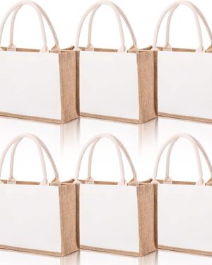 SOUJOY 6-Pack Reusable Burlap Tote Bags – Jute Gift Bags with Handles, Water-Resistant Canvas Beach & Grocery Bags, 14.7" x 9.8" x 4.5" – Perfect for Bridesmaids, Weddings, DIY Projects, and Everyday Shopping