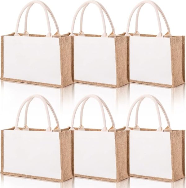SOUJOY 6-Pack Reusable Burlap Tote Bags – Jute Gift Bags with Handles, Water-Resistant Canvas Beach & Grocery Bags, 14.7" x 9.8" x 4.5" – Perfect for Bridesmaids, Weddings, DIY Projects, and Everyday Shopping