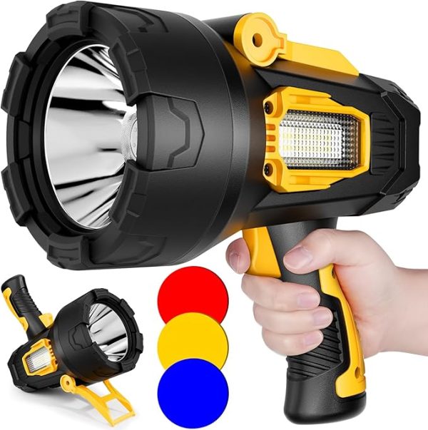 Rechargeable Super Bright Spotlight – 990,000 Lumens LED Flashlight with COB Light & Foldable Tripod, 10,800mAh Battery for Long Runtime. Perfect Handheld Spotlight for Hunting, Boating, and Outdoor Adventures.