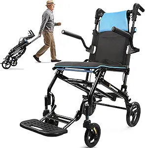 Ultra-Lightweight Adult Transport Chair – Only 19.4 lbs, Foldable & Portable Travel Wheelchair with Telescopic Handle, Compact Folding Transfer Chair for Seniors (Blue)