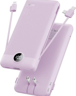 VRURC Portable Charger with Built-in Cables and AC Wall Plug – 10,000mAh USB-C Power Bank, Compact and Lightweight External Battery Pack for Smartphones, Tablets, and More – Travel Essential, Purple