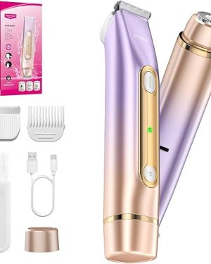 2-in-1 Women’s Bikini Trimmer with Dual Heads – Electric Razor, IPX7 Waterproof for Wet & Dry Use, Painless Hair Removal for Bikini, Legs, Arms, and Underarms (Lavender)