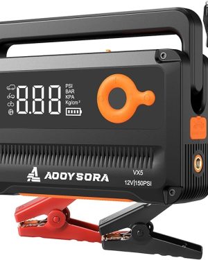 6000A Portable Car Jump Starter & Air Compressor – High-capacity 12V jump box compatible with all gas and up to 12L diesel engines. Features a built-in 150 PSI tire inflator with auto-shutoff, and comes with portable jumper cables for easy, on-the-go use.