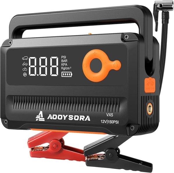6000A Portable Car Jump Starter & Air Compressor – High-capacity 12V jump box compatible with all gas and up to 12L diesel engines. Features a built-in 150 PSI tire inflator with auto-shutoff, and comes with portable jumper cables for easy, on-the-go use.