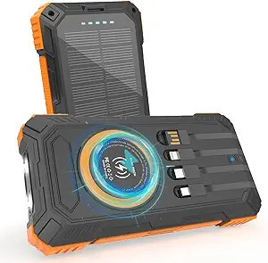 ERRBBIC Solar Charger Power Bank – 49,800mAh High-Capacity Portable Charger with 22.5W Fast Charging, 15W Wireless Charging, Built-in Solar Panel, Integrated Four Cables, USB-C Compatibility, and Dual Flashlight – Perfect for Camping and Outdoor Use.