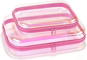 Toiletry Bag – Water-Resistant Cosmetic Organizer for Bathroom | Set of 2 Clear Iridescent Hard Shell Zipper Cases, Quart Size | Portable Travel Storage for Women & Girls’ Essentials