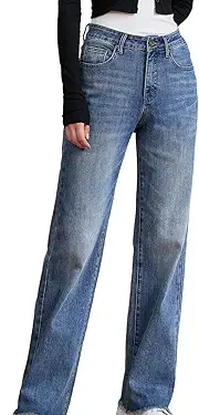 "Women's High-Waisted Stretch Straight-Leg Jeans – Loose Fit, Tummy Control, Raw Hem Denim, Trendy 2025 Fashion"