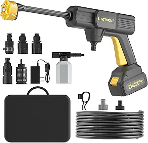 Cordless Battery-Powered Pressure Washer – 1100 PSI, 2.4 GPM Portable handheld power washer featuring a 6-in-1 adjustable nozzle and foam cannon. Includes a 21V rechargeable battery and charger. Ideal for home, car, and yard cleaning tasks.
