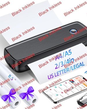 Aixiqee Black Inkless Portable Wireless Printer for Travel – High-Resolution Thermal Mini Printer with 4200mAh Battery, Supports A4/A5/2/3/4-inch Sizes, USB Connectivity, Lightweight, No Ink Required