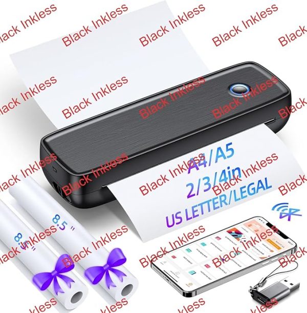 Aixiqee Black Inkless Portable Wireless Printer for Travel – High-Resolution Thermal Mini Printer with 4200mAh Battery, Supports A4/A5/2/3/4-inch Sizes, USB Connectivity, Lightweight, No Ink Required