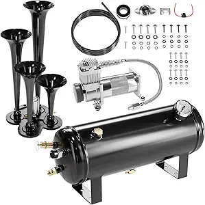 150dB Train Horn Kit with 4 Horns – Includes 200 PSI 12V Air Compressor & 2.64-Gallon Air Tank – Super Loud Air Horn System for Truck, SUV, Jeep, and Car (Black, 2.64 Gal)