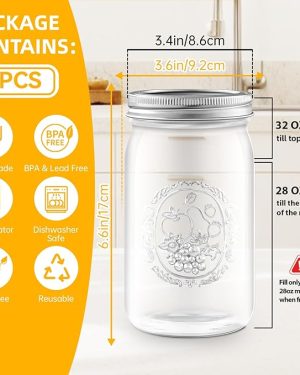 Wide Mouth Mason Jars – 32 oz (2-Pack) with Lids Durable glass jars with metal airtight lids and bands, perfect for canning, fermenting, pickling, freezing, preserving, meal prep, and creative jar décor.