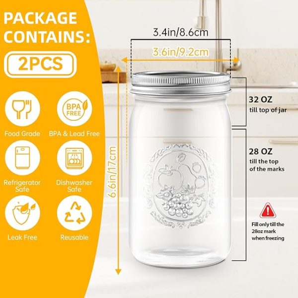 Wide Mouth Mason Jars – 32 oz (2-Pack) with Lids Durable glass jars with metal airtight lids and bands, perfect for canning, fermenting, pickling, freezing, preserving, meal prep, and creative jar décor.