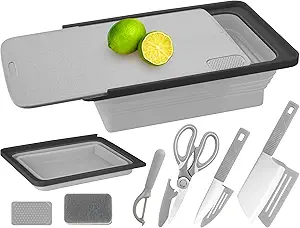 Collapsible Cutting Board & Foldable Camping Sink Set – 7-Piece Portable Dish Basin for Washing and Draining Fruits, Veggies, and More – Ideal for Kitchen, Camping, BBQ Prep with Knife Included