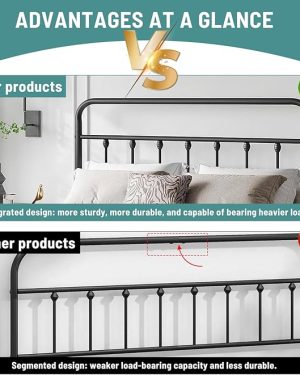 Classic Metal Twin Bed Frame with Victorian-Style Iron Art Headboard and Footboard — Platform Design with Under-Bed Storage, No Box Spring Required, Finished in Black.