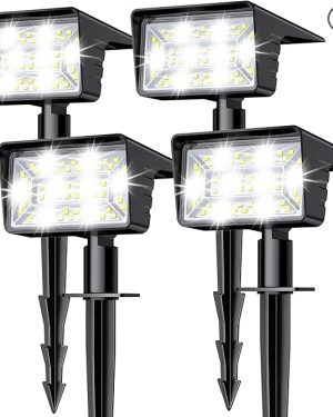 4-Pack Outdoor Solar Spotlights – 60 LED, Waterproof IP68, Auto On/Off, 3 Lighting Modes, 2-in-1 Landscape & Garden Lights (Cool White)