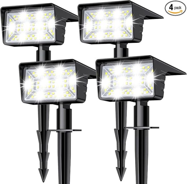 4-Pack Outdoor Solar Spotlights – 60 LED, Waterproof IP68, Auto On/Off, 3 Lighting Modes, 2-in-1 Landscape & Garden Lights (Cool White)