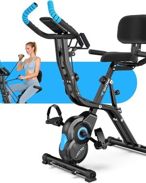 Foldable Exercise Bike – Multifunctional Indoor Stationary Bike for Home Use, featuring 8-Level Magnetic Resistance, Quiet Operation, Built-In Arm Resistance Bands, LCD Display, and 300 lbs Weight Capacity.