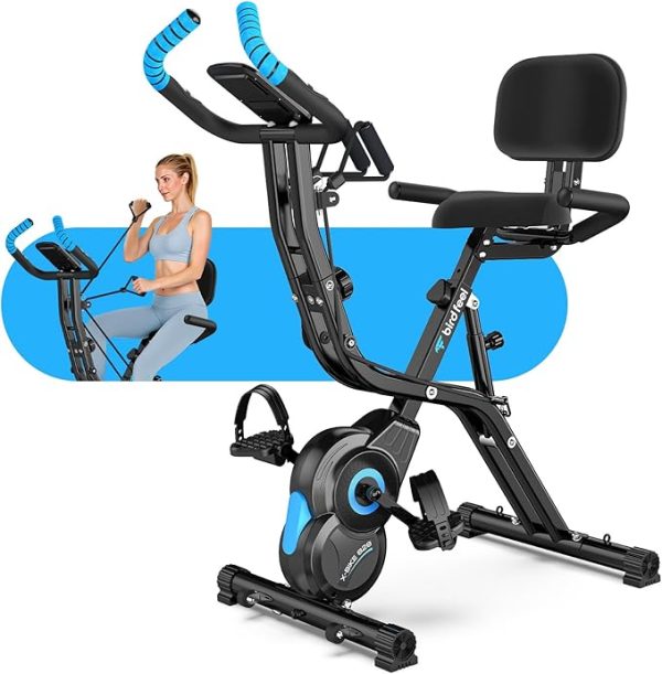 Foldable Exercise Bike – Multifunctional Indoor Stationary Bike for Home Use, featuring 8-Level Magnetic Resistance, Quiet Operation, Built-In Arm Resistance Bands, LCD Display, and 300 lbs Weight Capacity.