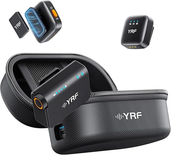 YRF 2TX + 1RX Wireless Lavalier Microphone Set with Charging Case – Intelligent Noise Cancellation, 32-bit Float Internal Recording, Long Range – Compatible with iPhone, Android, and Cameras