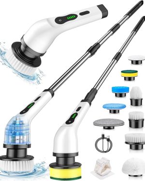 O-White Cordless Electric Spin Scrubber – 9 Brush Heads, 2-Hour Battery, Dual Speed, Adjustable Extension Handle, IPX7 Waterproof – Ideal for Shower, Tub, Tile, Floor, and Car Cleaning