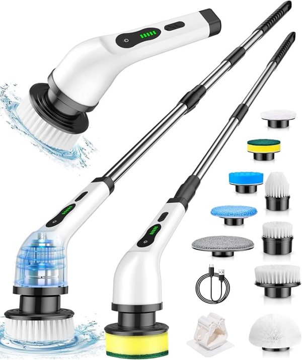 O-White Cordless Electric Spin Scrubber – 9 Brush Heads, 2-Hour Battery, Dual Speed, Adjustable Extension Handle, IPX7 Waterproof – Ideal for Shower, Tub, Tile, Floor, and Car Cleaning