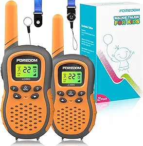 FOREDOM Kids Walkie Talkies – 2 Pack, Long Range Two-Way Radios with Flashlight & Adjustable Lanyards, 22 Channels – Fun Outdoor Toy for Boys & Girls Ages 3–12, Perfect for Camping & Birthday Gifts (Orange)