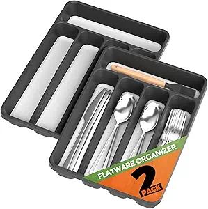 2-Pack Silverware Drawer Organizer – BPA-Free Kitchen Utensil Holder with Non-Slip TPR Linings, 5-Slot Cutlery Organizer for Forks, Spoons, and Knives, Grey