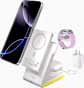 5-in-1 Magnetic Wireless Charging Station Stand with Portable Power Bank – Compatible with Apple & Samsung Devices