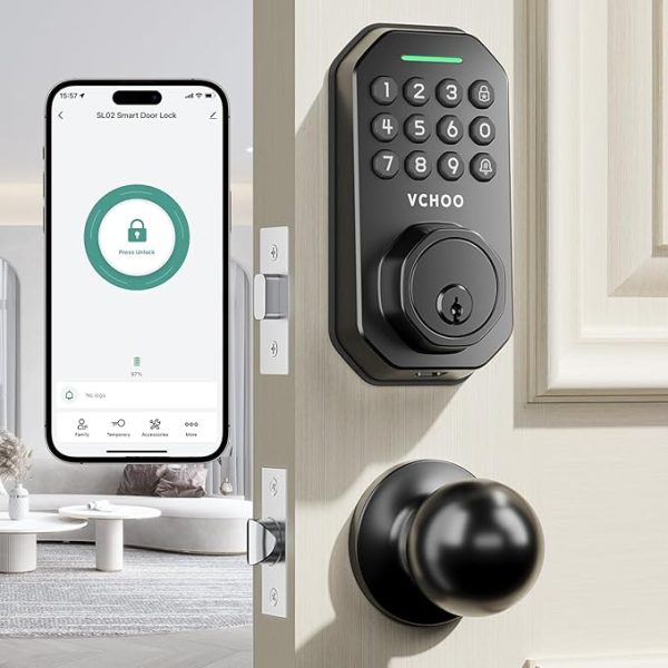Smart Keyless Entry Door Lock with Handle – App-Controlled Front Door Lock with Anti-Peeping Password, Ideal for Homes, Hotels, and Bedrooms (Includes 2 Door Knobs)