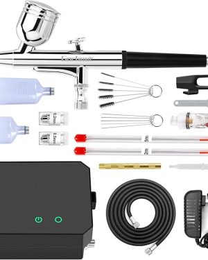 Gocheer Airbrush Kit with Compressor – High-Pressure 40–48 PSI, Non-Clog Design, Includes 0.2mm/0.3mm/0.5mm Nozzles & Cleaning Set – Perfect for Painting, Models, Cake Decorating & Makeup (Black, 40 PSI)