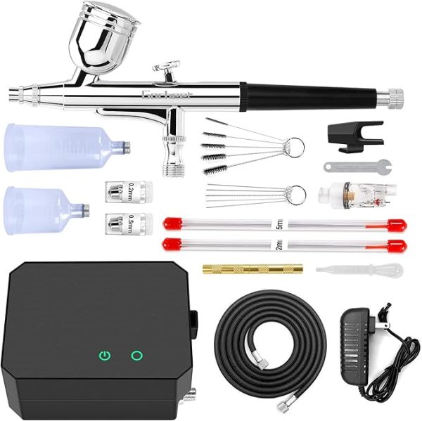 Gocheer Airbrush Kit with Compressor – High-Pressure 40–48 PSI, Non-Clog Design, Includes 0.2mm/0.3mm/0.5mm Nozzles & Cleaning Set – Perfect for Painting, Models, Cake Decorating & Makeup (Black, 40 PSI)