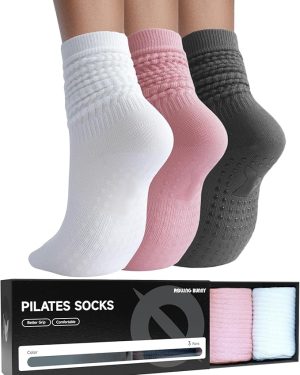 Women’s Pilates Grip Socks – Long, Soft, Non-Slip Yoga and Barre Slouch Socks, Comfortable Fit, 3 Pairs