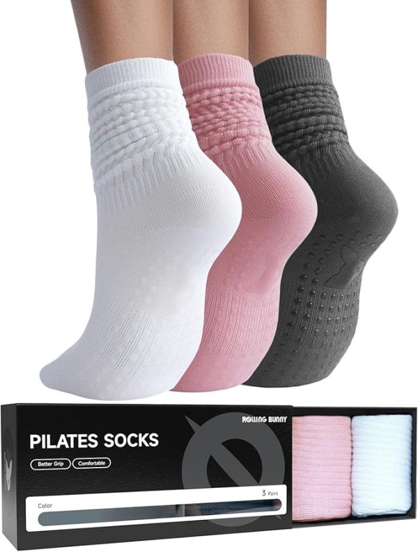 Women’s Pilates Grip Socks – Long, Soft, Non-Slip Yoga and Barre Slouch Socks, Comfortable Fit, 3 Pairs