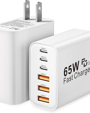 2-Pack 65W USB-C Wall Charger Block, 6-Port Fast Charging Power Adapter with PD + QC, Multiport Type-C Charger Brick for iPhone 16/15/14/13/12/11 Pro Max/XS, Samsung, and More
