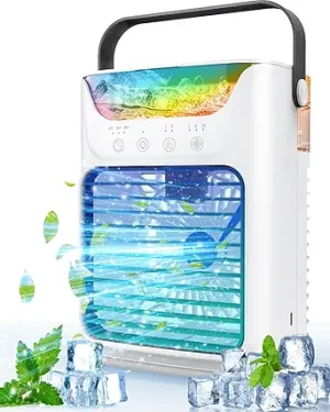 Asingleer 4-in-1 Portable Air Conditioner – Mini Evaporative Cooler with 3 Fan Speeds, 7 LED Lights, and 650ml Water Tank – Personal Desktop Cooling Fan for Room, Car, Home, or Camping