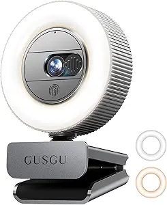 GUSGU G910 2K Quad HD Webcam – USB Streaming Camera with Built-in Microphone, Adjustable Ring Light, and Privacy Cover – Ideal for PC, Laptop, MacBook, and Desktop Computers