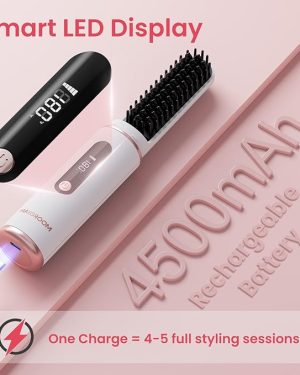Cordless Hair Straightener Brush – Portable Hot Comb with LED Display, Type-C Rechargeable, Anti-Scald Design – Travel-Friendly Hair Straightening Brush for Women (White)