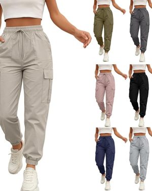 Women’s High-Waisted Cargo Pants – Quick-Dry, Lightweight Joggers with Drawstring Waist, Pockets, and Baggy Parachute Style – Perfect for Hiking and Scrubs