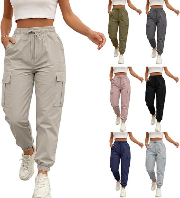 Women’s High-Waisted Cargo Pants – Quick-Dry, Lightweight Joggers with Drawstring Waist, Pockets, and Baggy Parachute Style – Perfect for Hiking and Scrubs