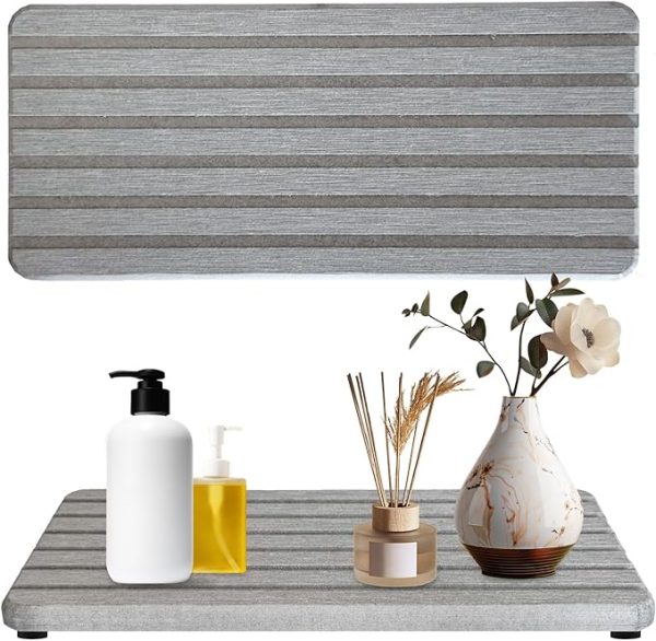 Set of 2 Diatomite Absorbent Rectangle Coasters – Quick-Drying Stone Trays with Grooved Design for Soap, Plants, Toiletries & More – Keeps Bathroom and Kitchen Counters Dry and Organized