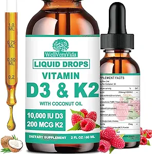 Vitamin D3 K2 Liquid Drops – 10,000 IU D3 with 200 mcg K2 (MK-7) in Coconut Oil