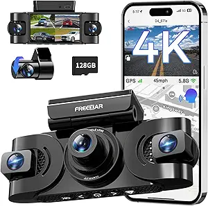 4K 360° 4-Channel Car Dash Camera – Full Coverage (Front, Rear, Left, Right, and Interior) with GPS, 5.8GHz Wi-Fi & Mobile App, Night Vision, Voice Control, 24-Hour Parking Mode, and 128GB Memory Card Included