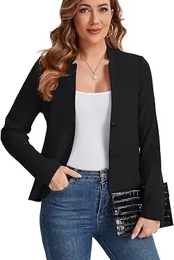 Women’s Long Sleeve Button-Front Blazer with Pockets – Casual and Office Work Suit Jacket